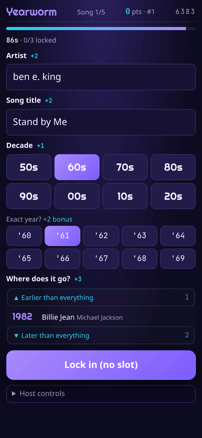 A phone answer form: artist, title and decade chips.