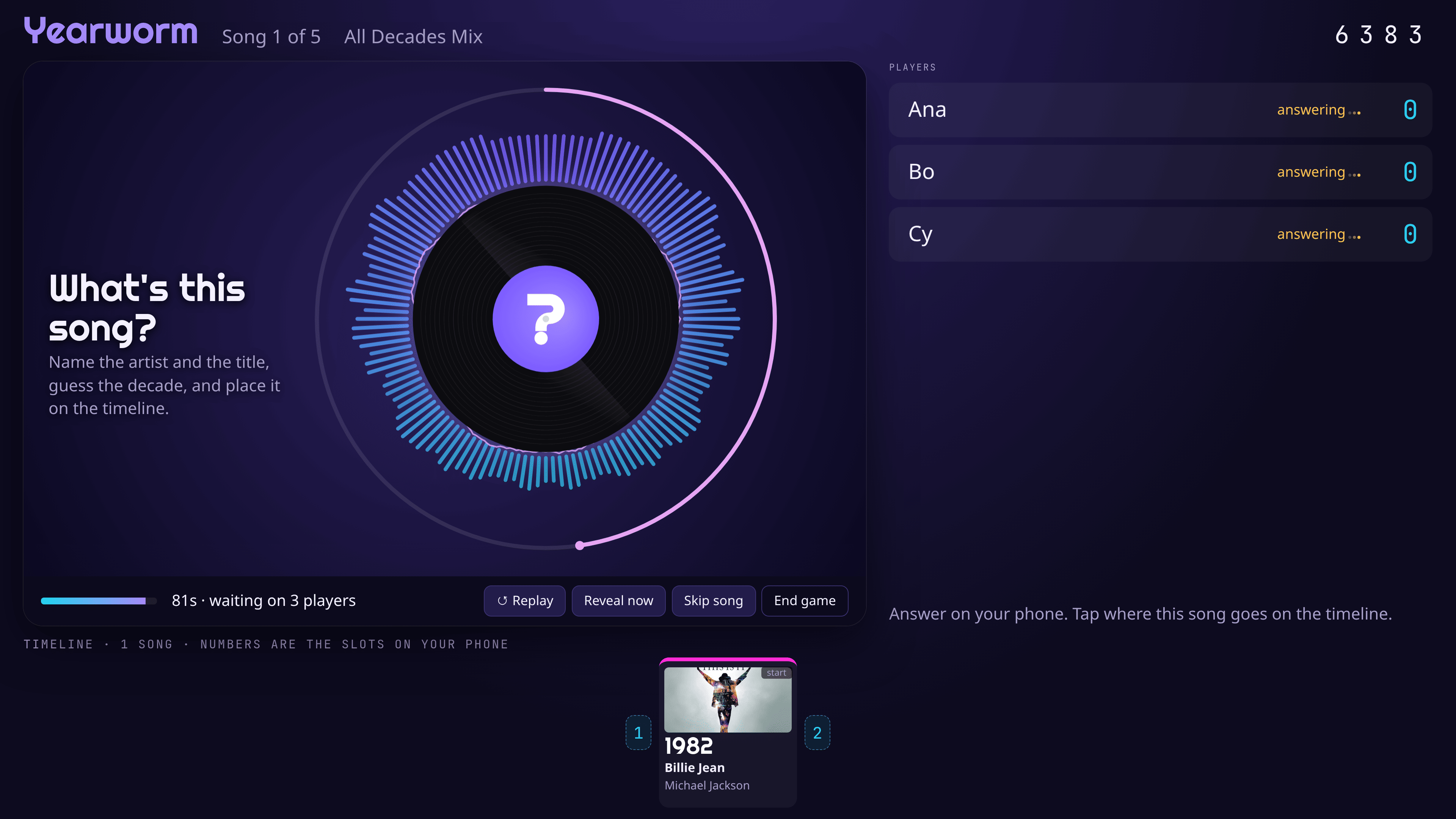 The TV playing a clip: a spinning record with a question mark, radial spectrum bars and a waveform ring, the players' lock-in status and the timeline.