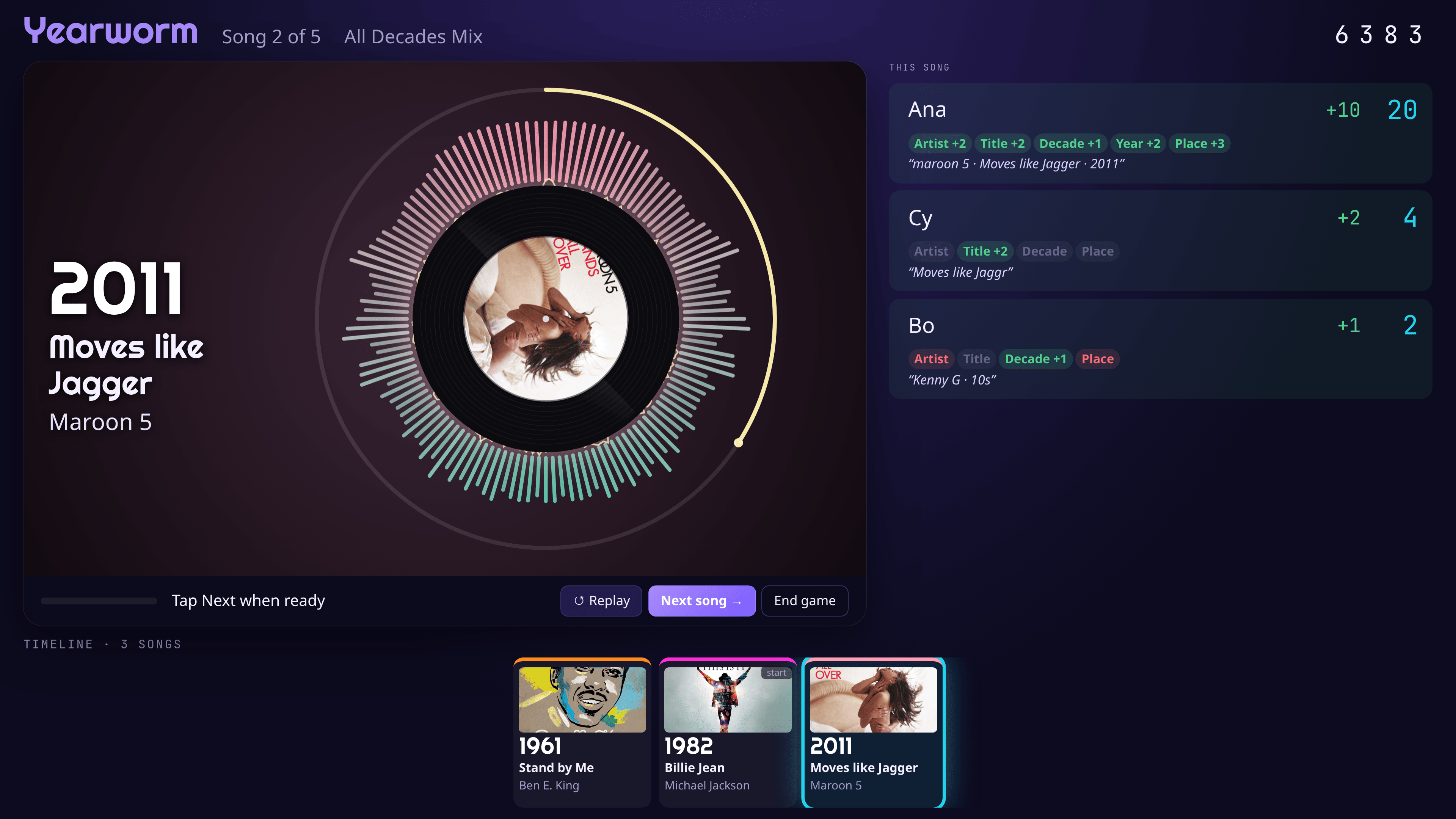 The reveal: cover art on the record, the year, title and artist, every player's results and the song dropping into the timeline.